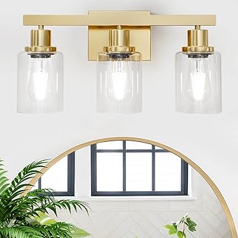 3 Light Gold Bathroom Light Fixtures, Bathroom Vanity Light Over Mirror, Gold Wall Sconce Vanity Lighting with Clear Glass Shade, Modern Farmhouse Bath Wall Lamp for Mirror Kitchen