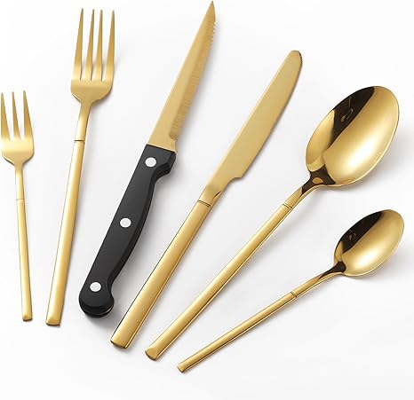 24-Piece Gold Silverware Set with Steak Knives, Durable Stainless Steel 18/10 Flatware Cutlery Tableware Set for 4, Premium Knives´_‘Forks and Spoons Silverware Set, First Apartment Kitchen Essentials