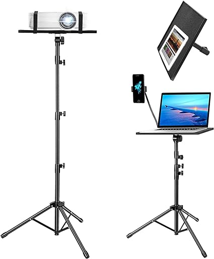 Kereal Laptop Projector Tripod Stand, Universal Portable Floor Holder Mount Stand for DJ Equipment, Office, Stage, Studio, Podium, Adjustable Height 25 to 48 Inch, with Tray and Gooseneck Phone Holder