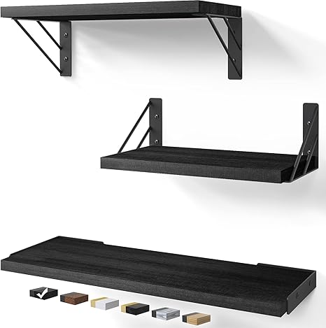 BAYKA Wall Shelves for Bedroom Decor, Floating Wall Shelves for Living Room Kitchen Storage, Wall Mounted Rustic Wood Floating Shelves for Kids Books, Corner Shelves for Bathroom, Office(Set of 3)