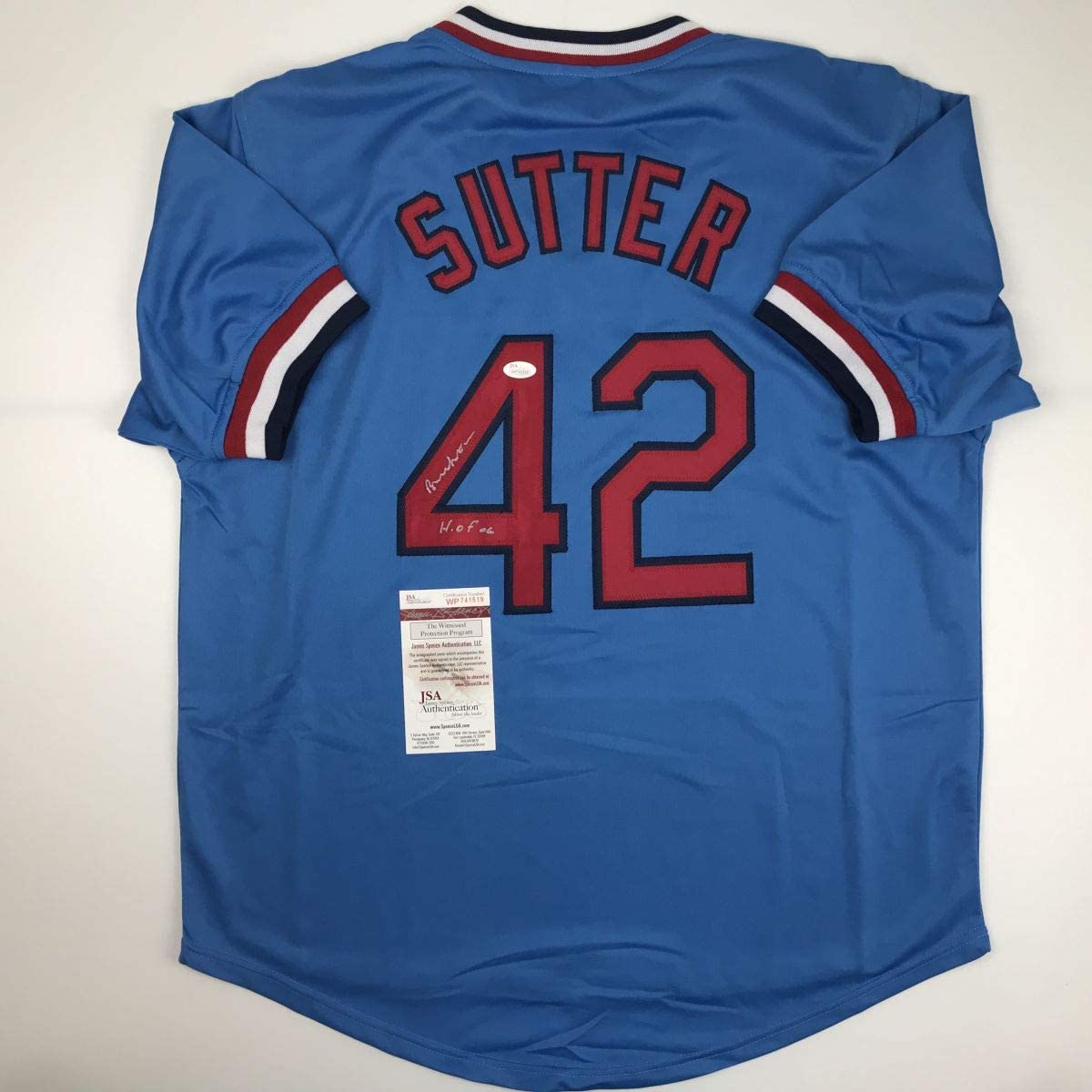 Autographed/Signed Bruce Sutter HOF 06 St. Louis Blue Baseball Jersey JSA COA
