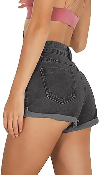 Cuihur Women's Summer Casual Jeans Ripped Denim Shorts High Waisted Rolled Hem Distressed Short Jeans a-Black Grey XL