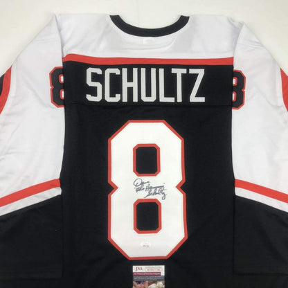 Autographed/Signed Dave Schultz The Hammer Philadelphia Black Hockey Jersey JSA COA