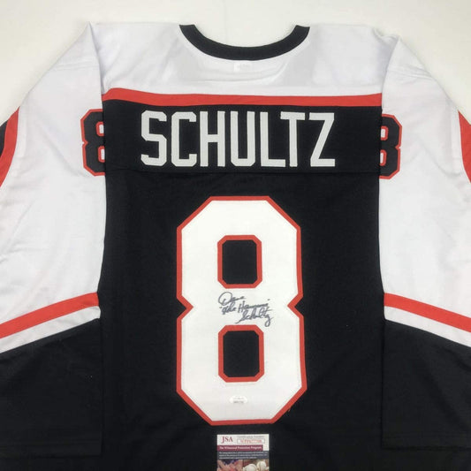 Autographed/Signed Dave Schultz The Hammer Philadelphia Black Hockey Jersey JSA COA
