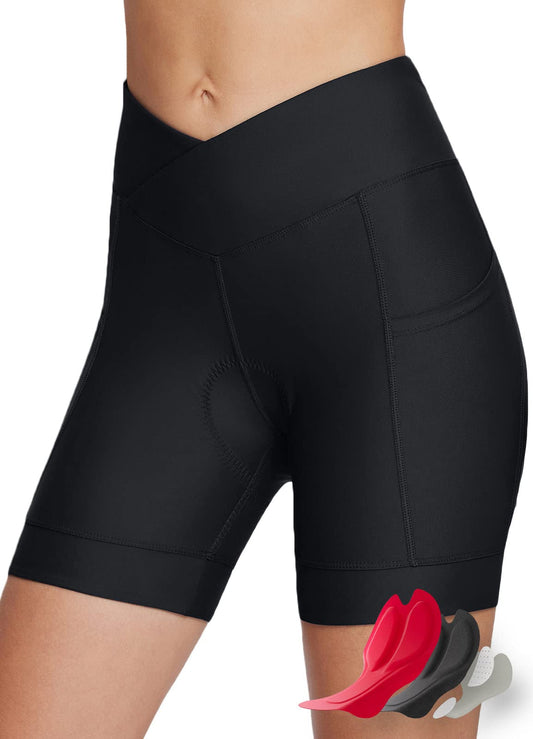 BALEAF Padded Bike Shorts Women, Biking Shorts 4D Padding Crossover Biker Underwear with Pockets Cycling Bicycle Spinning Black L