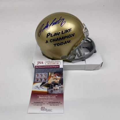 Autographed/Signed Rudy Ruettiger Play Like A Champion Today Notre Dame Irish Football Mini Helmet JSA COA