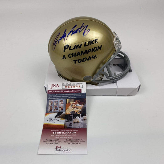 Autographed/Signed Rudy Ruettiger Play Like A Champion Today Notre Dame Irish Football Mini Helmet JSA COA