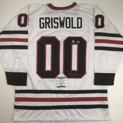 Autographed/Signed Chevy Chase Clark Griswold Christmas Vacation Movie Chicago White Hockey Jersey Beckett BAS COA