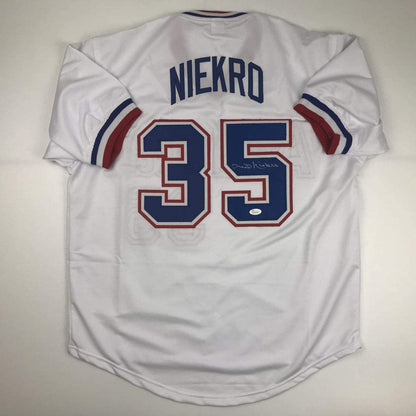 Autographed/Signed Phil Niekro Atlanta White Baseball Jersey JSA COA Holo Only