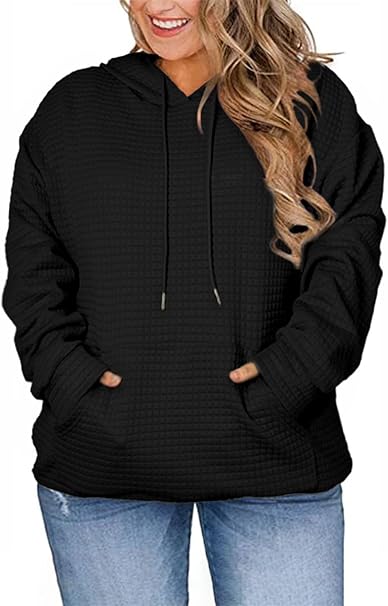 Eytino Womens Plus Size Hoodies Tops Casual Long Sleeve Drawstring Waffle Pullover Sweatshirt with Pocket (1X-5X)