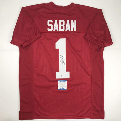 Autographed/Signed Nick Saban Alabama Red College Football Jersey Beckett BAS COA