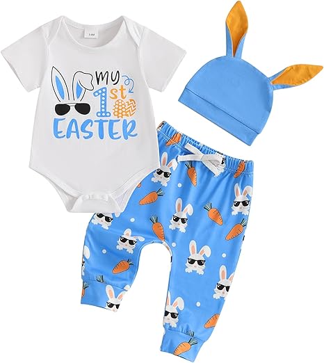 My 1st Easter Newborn Baby Boy Clothes Letter Rabbit Print Crewneck Romper Carrot Bunny Pants Set 3Pcs Spring Outfit