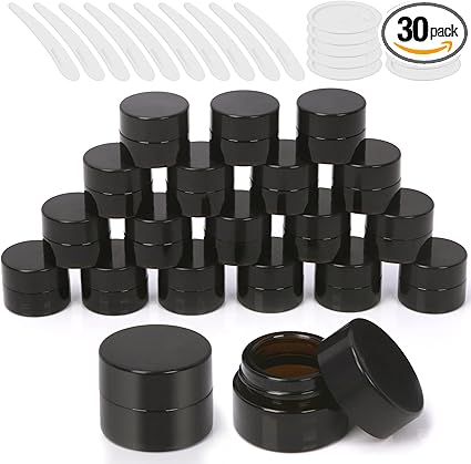 20Pcs 5ml Round Glass Jars with Liner Lids Spoons, 0.17oz Amber Refillable Cosmetic Storage Jars for Cream Lotion Liquid Powder