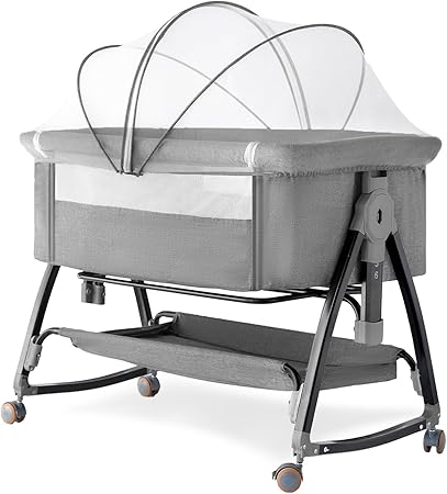 Bedside Crib, 3 in 1 Bassinet with Quick Height Adjustment and Mosquito Nets Rocking Bassinet for Baby, Bedside Bassinet with Wheels, Easy to Fold, Golden Triangle Structure«__Grey«__