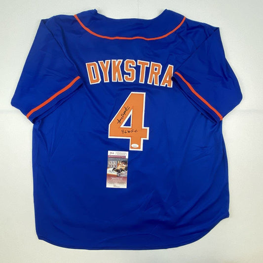 Autographed/Signed Lenny Dykstra 86 WS Champs New York Blue Baseball Jersey JSA COA