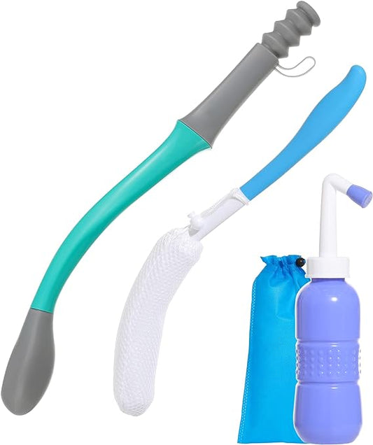 Toilet Aids Set for Wiping - Long Handle Butt Wiper for People Overweight, Elderly and Disabled, Bottom Buddy Wiping Aid for Bathroom ( 4PCS Personal Hygiene Kit )