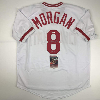 Autographed/Signed Joe Morgan HOF 90 Cincinnati White Baseball Jersey JSA COA