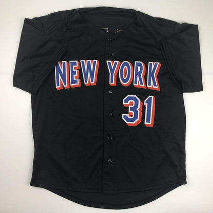 Autographed/Signed Mike Piazza New York NY Black Baseball Jersey Beckett BAS COA