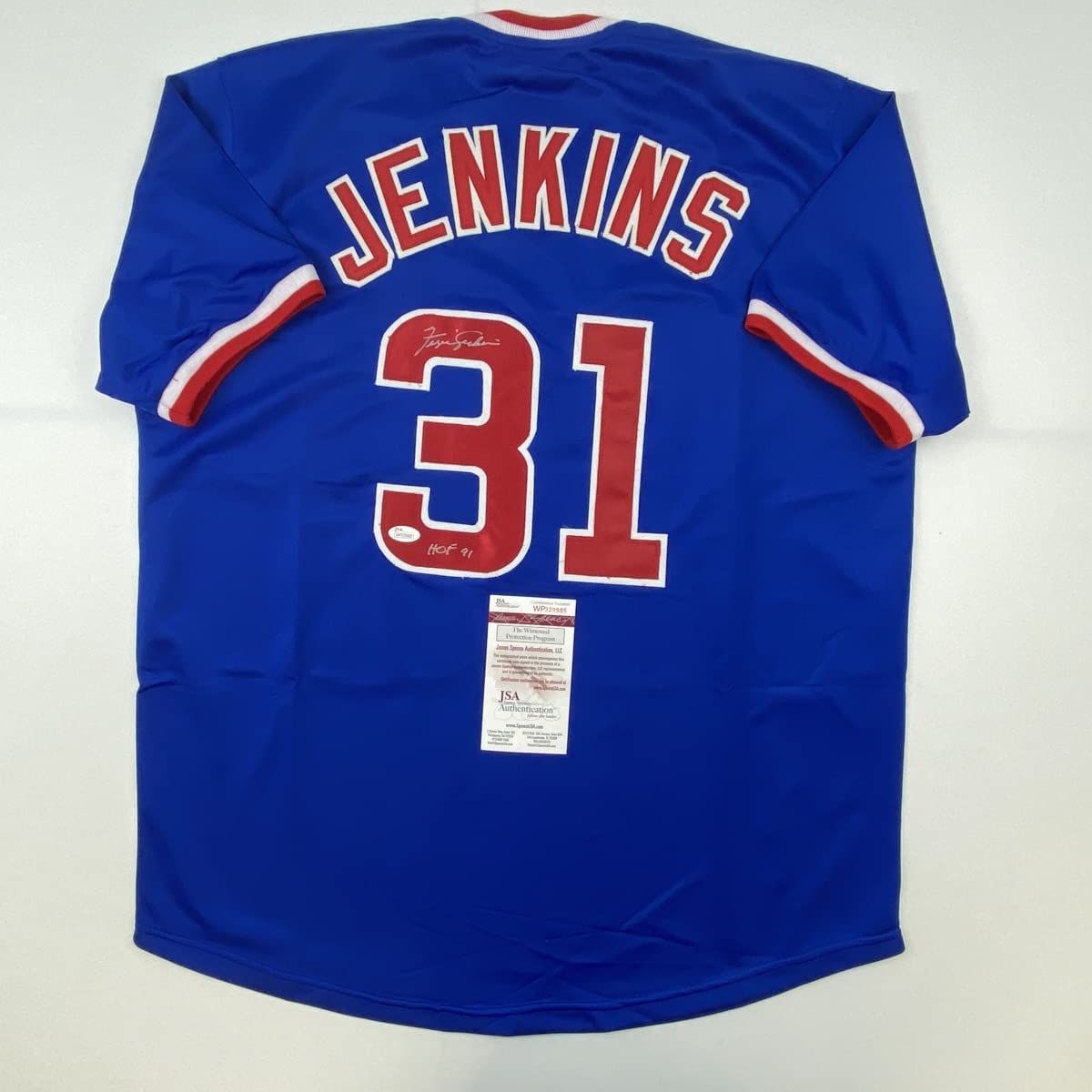 Autographed/Signed Ferguson Fergie Jenkins HOF 91 Chicago Blue Baseball Jersey JSA COA