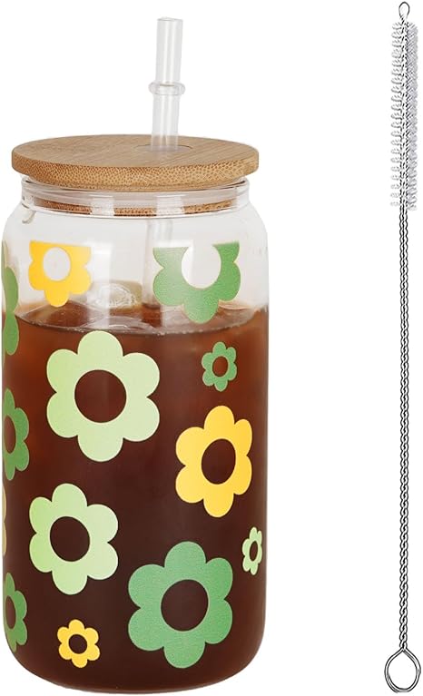 16 oz Drinking Glasses with Bamboo Lids and Straw 1 pack, Can Shaped Glass Cups for Iced Coffee Juice Soda - Personalized Holiday Gifts for Women and Friends