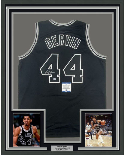 Framed Autographed/Signed George Gervin 35x39 San Antonio Black Basketball Jersey Beckett BAS COA