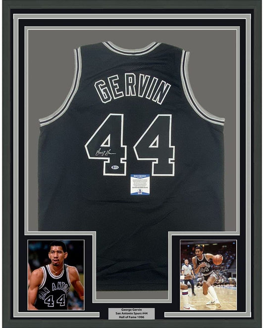 Framed Autographed/Signed George Gervin 35x39 San Antonio Black Basketball Jersey Beckett BAS COA