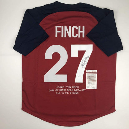 Autographed/Signed Jennie Finch USA Red Stat Team United States Softball Jersey JSA COA