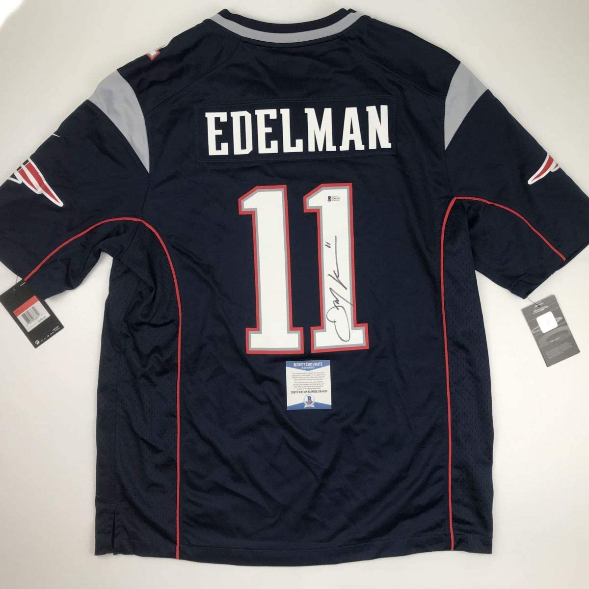 Autographed/Signed Julian Edelman New England Blue Nike Football Jersey Beckett BAS COA