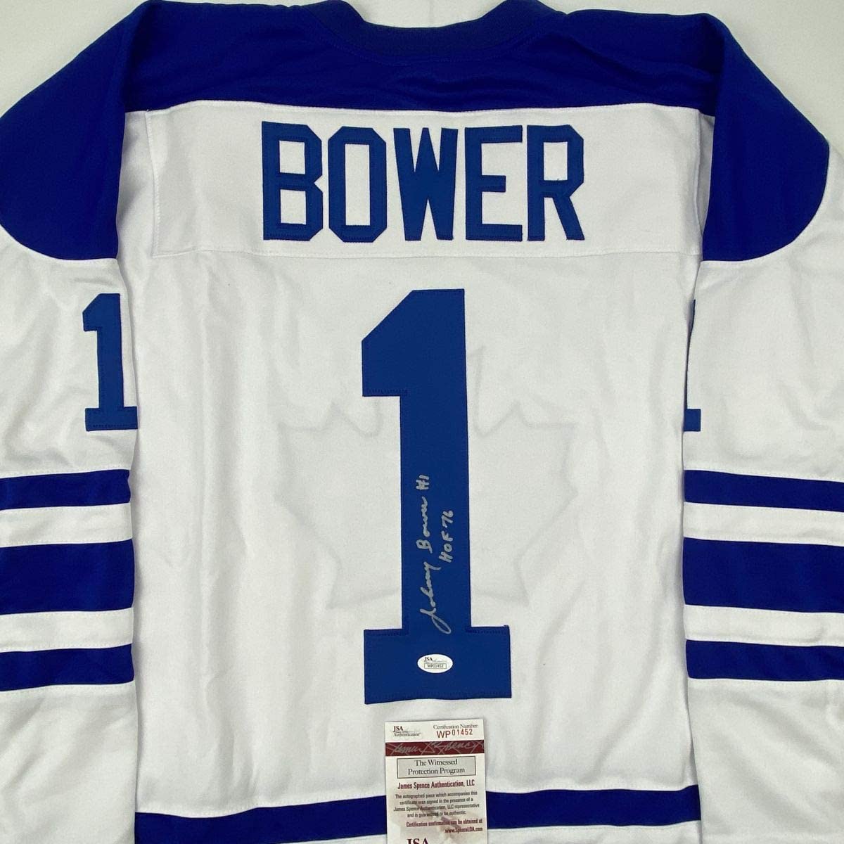 Autographed/Signed Johnny Bower HOF 76 Toronto Blue Hockey Jersey JSA COA