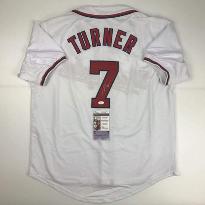 Autographed/Signed Trea Turner Washington White Baseball Jersey JSA COA