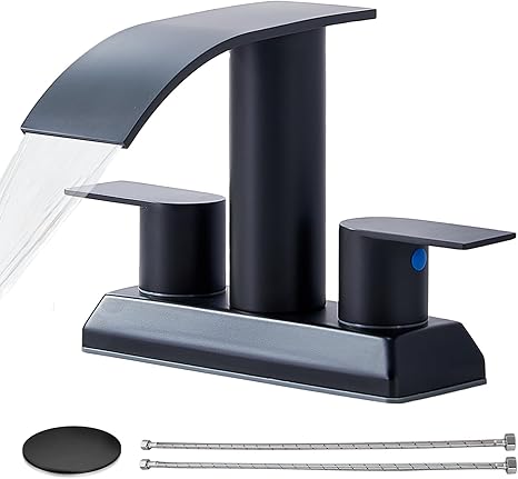 IKEBANA Modern 2 Handle Waterfall Bathroom Faucet, Matte Black, Stainless Steel, Lead-Free, 4 inches Centerset, Includes Pop Up Drain and Supply Hoses