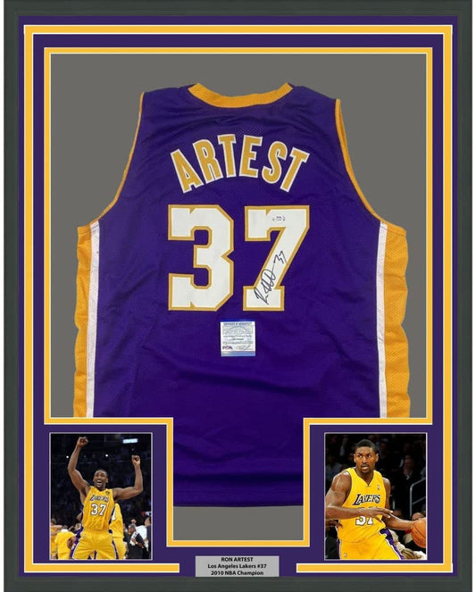 Framed Autographed/Signed Ron Artest 35x39 Los Angeles LA Purple Basketball Jersey PSA/DNA COA
