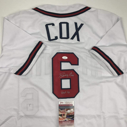 Autographed/Signed Bobby Cox HOF 14 Atlanta White Baseball Jersey JSA COA