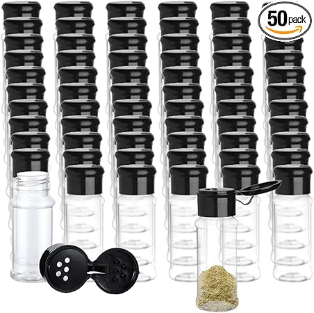 50 Pcs Spice Jars with Shaker Lids 3.3 oz/100 ml Plastic Spice Bottles Spice Containers Jars Seasoning Shaker for Storing Spice, Herbs and Seasoning Powders (Black Lid)