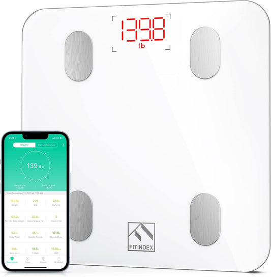 FITINDEX Smart Scale for Body Weight, Digital Bathroom Scale BMI Body Fat Scale Bluetooth Weighting Health Monitor, Accurate Body Composition Analyzer, 400lb, White