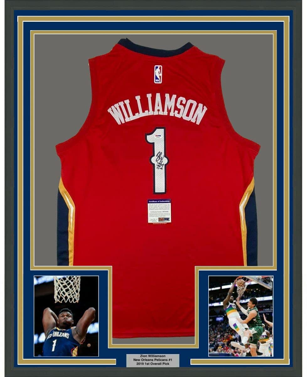 Framed Autographed/Signed Zion Williamson 35x39 New Orleans Red Basketball Jersey PSA/DNA COA