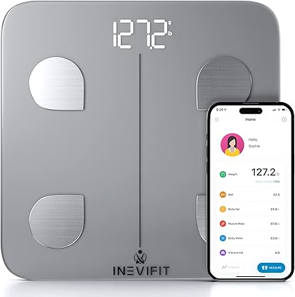 INEVIFIT Smart Body Fat Scale, Highly Accurate Bluetooth Digital Bathroom Body Composition Analyzer, Measures Weight, Body Fat, Water, Muscle, Visceral Fat & Bone Mass for Unlimited Users (Silver)
