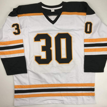 Autographed/Signed Gerry Cheevers HOF 85  Boston White Hockey Jersey JSA COA