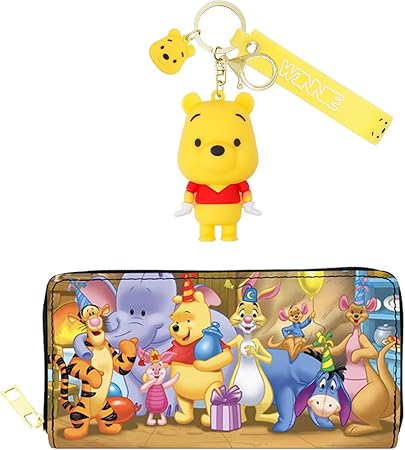 Cartoon Pooh Piglet PU Leather Wallet with Keychain Pooh Bear Tiger Wallet Coin Purse Leather for Women Girls (WA-Weini 2403)