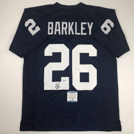 Autographed/Signed Saquon Barkley Penn State Blue College Football Jersey Beckett BAS COA