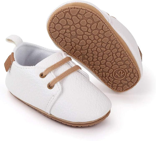 Baby Boys Girls Shoes PU Leathe Non-Slip Rubber Sole Oxford Loafers Shoes, White 6-12 Months Infant