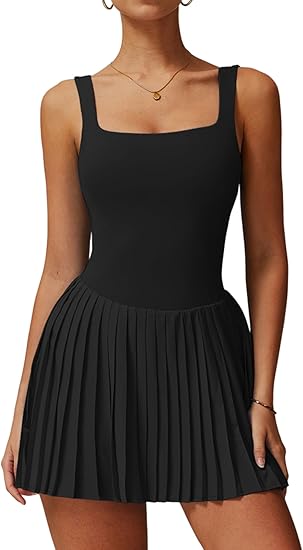 Womens Tennis Golf Dress with Built-in Bra Shorts Backless Square Neck Pleated Hem Athletic Dresses with Pockets