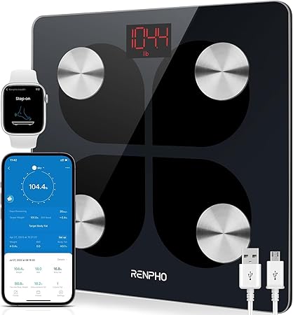 RENPHO Rechargeable Smart Scale, Digital Weight Scale for Body Weight, Bathroom Scale with BMI and Body Fat, FSA HSA Eligible, Body Composition Monitor with Smartphone App, 396 lbs, Elis 1