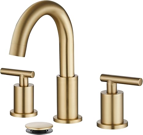 gotonovo 3 Hole 2 Handles Lavatory Basin Bathroom Sink Faucet with Pop Up Drain with Hot and Cold Mixer Valves 8 Inch Widespread Bathroom Faucet Brushed Gold
