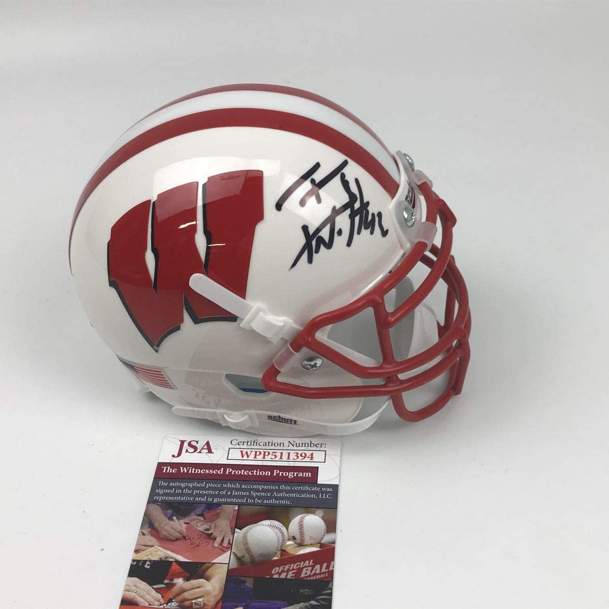 Autographed/Signed TJ T.J. Watt Wisconsin Badgers College Football Mini Helmet JSA COA