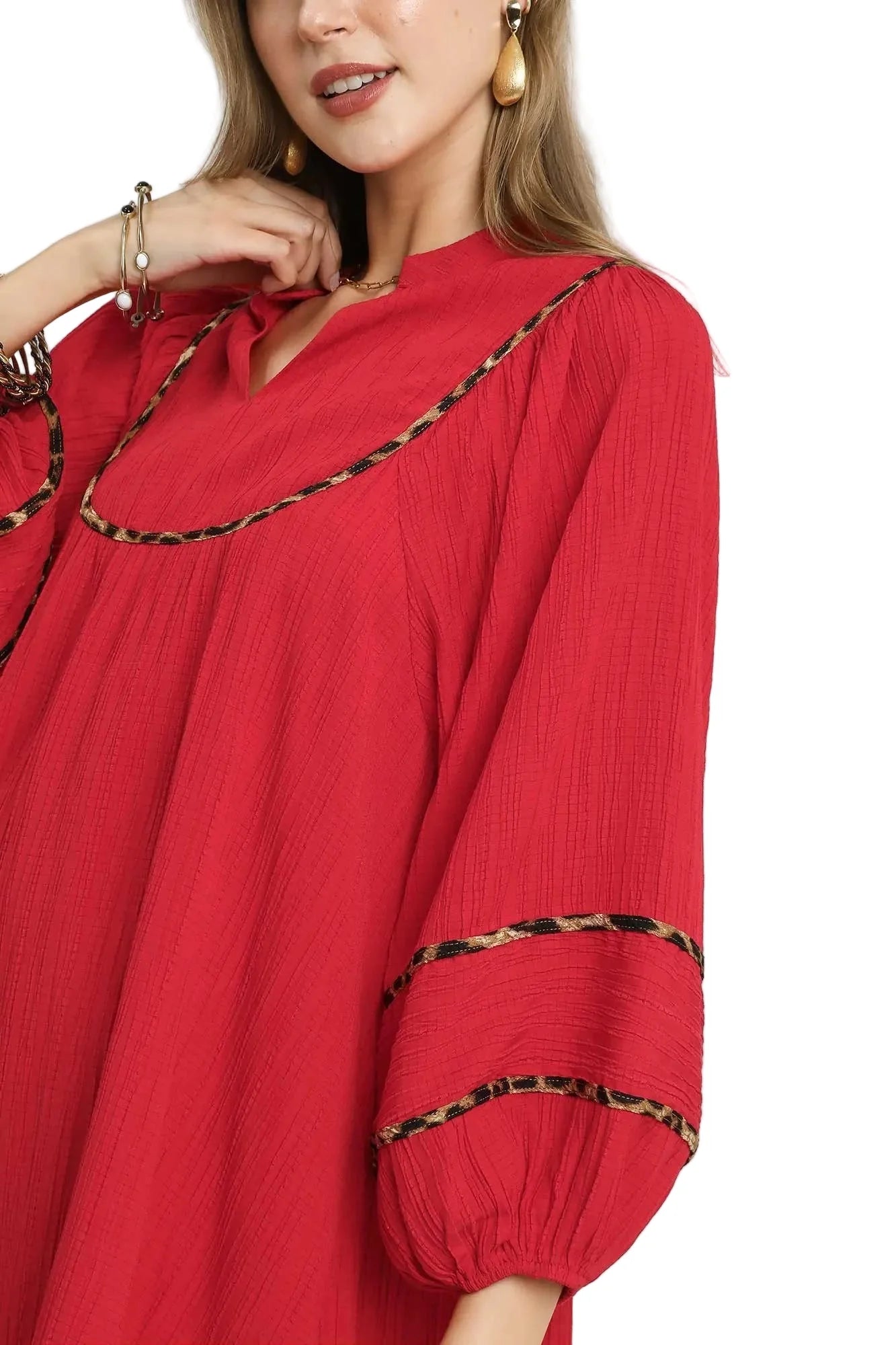 Textured Babydoll Dress with Leopard Trim