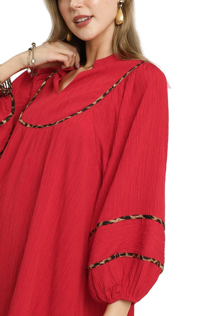 Textured Babydoll Dress with Leopard Trim