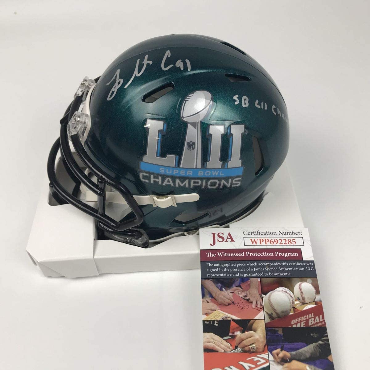Autographed/Signed Fletcher Cox SB LII Champ Philadelphia Eagles Super Bowl 52 Mini Football Helmet JSA COA