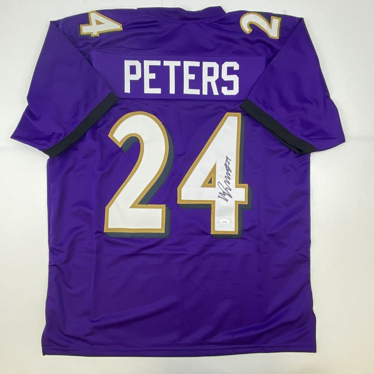 Autographed/Signed Marcus Peters Baltimore Purple Football Jersey JSA COA