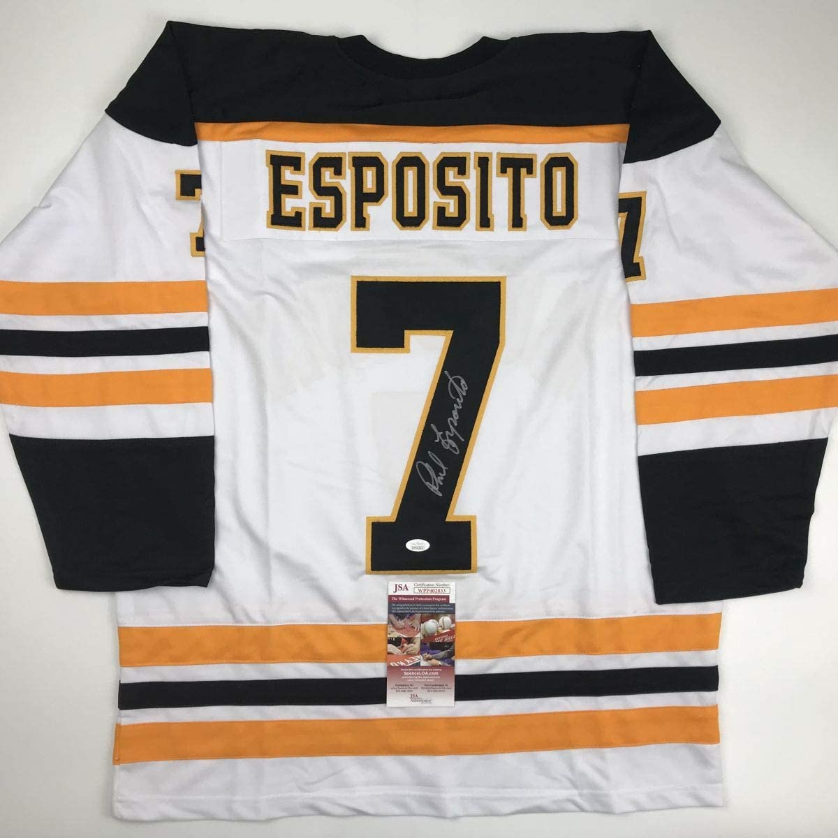 Autographed/Signed Phil Esposito Boston White Hockey Jersey JSA COA